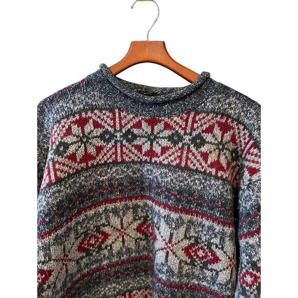 Vintage 90s Structure Soft Wool Knit roll neck Sweater Gray Blue L - Picture 2 of 5